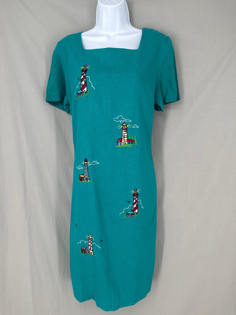 90s Vintage Dress Womens Medium Green Mini Linen Lighthouse Nautical Fisherman